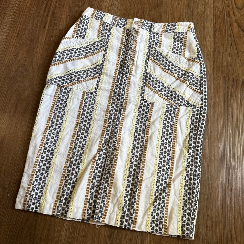 Anthropologie Pencil Skirt Women 8 White Embroidered Eyelet Button Front Boho